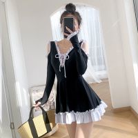 游泳衣女2020新款温泉保守长袖连体裙式韩国遮肚显瘦学生少女泳装 黑色 M