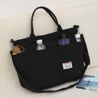 大容量帆布包女斜跨百搭ins学生包上课包包新款时尚潮包手提包包 黑色多兜款无挂件