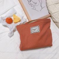 化妆包便携收纳袋洗漱包手拿包豹纹百搭拉链大容量内胆包气质手包 橘红细格