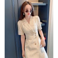 气质西装连衣裙2021新夏装小个子翻领单排扣薄款收腰裙子夏季女装 连衣裙 S 【80-95斤】