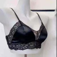 法式文胸真丝天蚕丝无钢圈三角杯性感蕾丝薄款不凸点夏季内衣 黑色 S