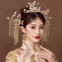 手工珍珠头饰金色中式秀禾服大气流苏步摇凤冠婚礼饰品显脸小 耳勾款简单包装