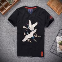 2020年中国风男装刺绣水云仙鹤新款短袖夏季T恤男 仙鹤绣花上衣 刺绣仙鹤新-黑色 S码[适合105-120斤]