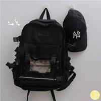 ins日系工装大容量背包男韩版原宿ulzzang百搭少女书包学生双肩包 工装大容量黑(无挂件)