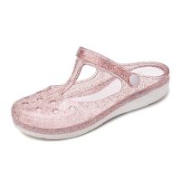 2021百搭洞洞鞋女夏厚底防滑沙滩鞋包头凉鞋女平底拖鞋外穿果冻鞋 [大理石羽毛茶色] 8571 36