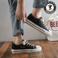 PLOVER啄木鸟松糕厚底帆布鞋女学生韩版增高鞋子ins学院风女板鞋 黑色(厚底4CM) 35 码