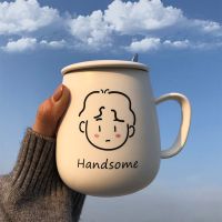 可爱少女陶瓷杯子带盖勺简约大容量马克杯经典款情侣ins水杯日式 英俊男人(460ml带盖勺) 加厚泡沫包装