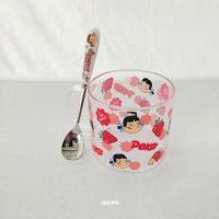 创意童趣彩色透明双层玻璃水杯爱心圆点流沙少女心杯子心心啵啵杯 心心草莓把手杯