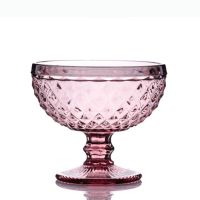 欧式浮雕玻璃冰激凌碗甜品碗彩色沙拉碗高脚奶昔杯冰碗冰激凌杯 300ML紫色钻石