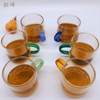 耐热玻璃小茶杯加厚透明品茗杯家用泡茶功夫茶具彩色带把手小杯子 100ml 杯架一个
