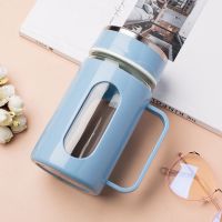 双层玻璃杯大容量带把手隔热防摔水杯女夏季夏天便携男士泡茶杯子 蓝色带手柄-480ml(收藏送杯刷)