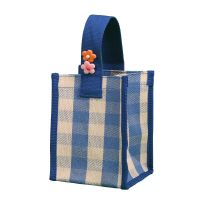 韩国ins格子帆布包手提迷你袋子公司礼物袋时尚收纳包购物袋女式 蓝色格子迷你款送2朵小花别针