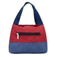 手提包女布包帆布大容量便当包饭盒袋防水中年拎袋小布包包妈咪包 外拉链拼色-红色