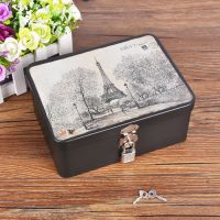 密码收纳盒带锁收纳铁盒桌面收纳整理储物盒大小盒子小箱子化妆品 复古铁塔(小号) 无密码锁(自带钥匙锁)