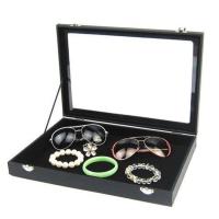 大珠宝箱黑绒玻璃手饰品首饰收纳盒项链戒指手镯吊坠文玩格子展示 黑色平底珠宝箱