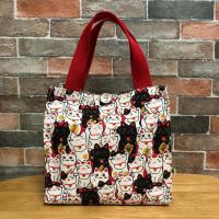 日式可爱便当袋手提包帆布饭盒袋子午餐带饭包包手提便当包抽绳袋 钮扣款-日式招财猫