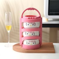 保鲜碗 陶瓷饭盒 手提篮保鲜碗 陶瓷便当盒 保鲜碗三件套微波炉碗 粉提篮+粉猫套三保鲜碗+筷子+勺子