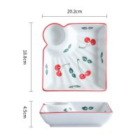 特大号饺子盘带醋碟陶瓷分格碟创意日式餐具家用方形水饺盘子托盘 *樱桃--8寸方形大号饺子盘