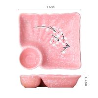 日式盛饺子盘带醋蝶陶瓷创意方盘带醋碟家用大号商用寿司菜盘厨房 8英寸 饺子盘粉色