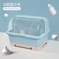奶瓶收纳箱沥水架婴儿奶瓶收纳盒带盖防尘宝宝餐具收纳盒碗筷沥水 北欧蓝 半开盖(中号)