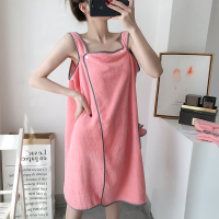 可穿浴巾女成人吊带珊瑚绒超强加厚吸水柔软浴袍浴帽毛巾套装睡衣 单条浴裙 新款带兜裙深粉