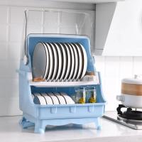 厨房收纳神器双层大号带盖碗碟碗筷收纳盒家用塑料碗柜碗架沥水篮 2021至尊款双层碗架蓝色