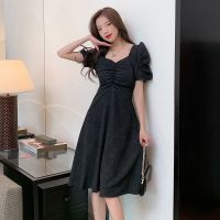 新款高端大码女装胖mm提花面料连衣裙女超仙减龄复古高腰裙中长款 黑色 S 推荐80-90斤