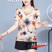 高档仙气雪纺衫女短袖新款遮肚碎花上衣2021夏新款气质妈妈装小衫 红花 XL