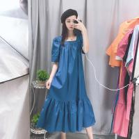 方领连衣裙女2021夏季新款复古泡泡袖蓝色气质显瘦宽松中长款裙子 蓝色 M 80-100斤