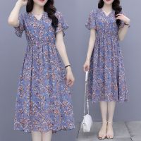 夏装碎花连衣裙2021新款显瘦胖妹妹中长款200斤雪纺大码女装裙子 蓝色 L (95-110斤左右)
