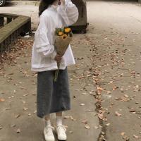 牛仔开叉半身裙女中长款小个子裙子宽松学生复古高腰显瘦a字裙ins 蓝色[高质量] S
