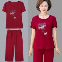 妈装[衣服+裤子]夏装两件套装新款中老年女短袖t恤洋气大码上衣 红色 L 建议体重[115-130斤]