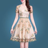 重工刺绣连衣裙2021年夏季新款韩版女装修身遮肚子大码网纱夏季裙 903米色刺绣 M 建议(90-104斤)