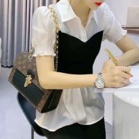 名媛风假两件雪纺衬衫女2021春秋韩版拼接POLO领显瘦白色衬衣上衣 白色短袖 S 建议80-90