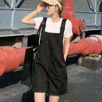 背带裤套装女夏2021年流行新款洋气减龄气质时尚休闲小个子两件套 黑背带裤 [全棉] S 80-98斤