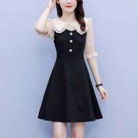 2021年夏季新款娃娃领拼接裙子赫本风气质修身显瘦小个子连衣裙女 米白色 M 建议85-100斤