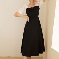 长袖黑色欧根纱炸街连衣裙女新款春夏拼接方领法式裙子复古网纱裙 短袖款 S 90-100斤