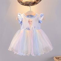 女宝宝夏装裙子无袖2021新款女宝宝女童洋气纱纱卡通连衣裙夏 蓝色 90