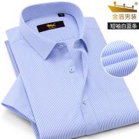 KINDON 短袖衬衫男格子条纹商务休闲职业装白衬衫夏季中青年衬衣 白蓝条 01-11短袖 M 38[105-120斤]