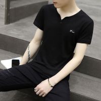 95棉北极绒短袖男士T恤夏季v领半袖学生韩版体恤男装潮流上衣服男 811黑色 M