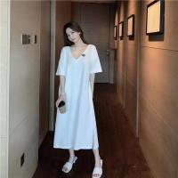 慵懒风加肥特大码300斤胖mm性感露背V领T恤开衩长款过膝连衣裙女 白色 M 120斤内