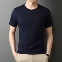 富贵鸟圆领短袖t恤男冰丝夏新款半袖中年男士条纹透气宽松体恤衫 短袖-藏青圆领 165/M建议120斤以下