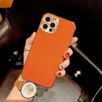顺丰苹果12promax手机壳真皮男女12Pro镜头全包11promax保护壳套G 奢华十字纹[橙色] 12-高端真皮-