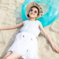 moomoo童装新款女中童麻粘拼网纱无袖连衣裙 160/84A