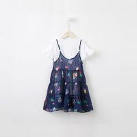 Moomoo童装女童连衣裙夏季新款大童短袖T恤吊带衫两件套连衣裙 蓝底度假组 110/52