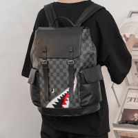 新款韩版双肩包皮质大容量男女潮流格子背包旅行包学生书包电脑包 鲨鱼嘴