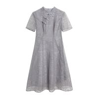 大码国风改良旗袍连衣裙女2021夏季新款时尚修身显瘦复古中长裙子 灰色 M 建议(85-100斤)
