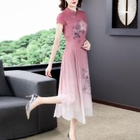 杭州复古真丝连衣裙新款高端桑蚕丝旗袍夏季雪纺阔太太短袖印花裙 粉红色 M 100斤以下