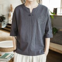 夏季中国风胖子短袖t恤男棉麻V领刺绣男士社会小伙上衣打底衫男装 圆花刺绣深灰色 主图款 M 建议120斤以下