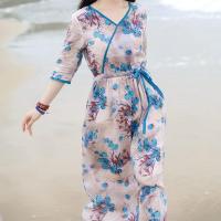 新款2021夏季旅行文艺印花气质显瘦V领系带收腰仿苎麻宽松连衣裙 天蓝色 S [建议80-95]